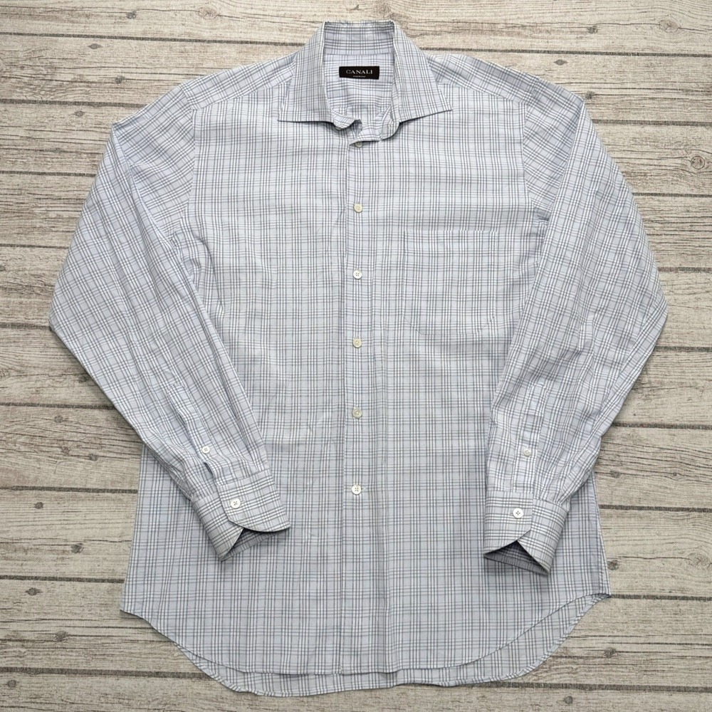 Canali Dress Shirt Men's 16/41 Blue White Plaid Long Sleeve Button Down Italy